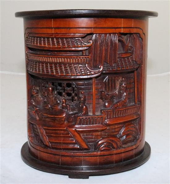 A Chinese bamboo and hardwood brushpot, height 16.5cm